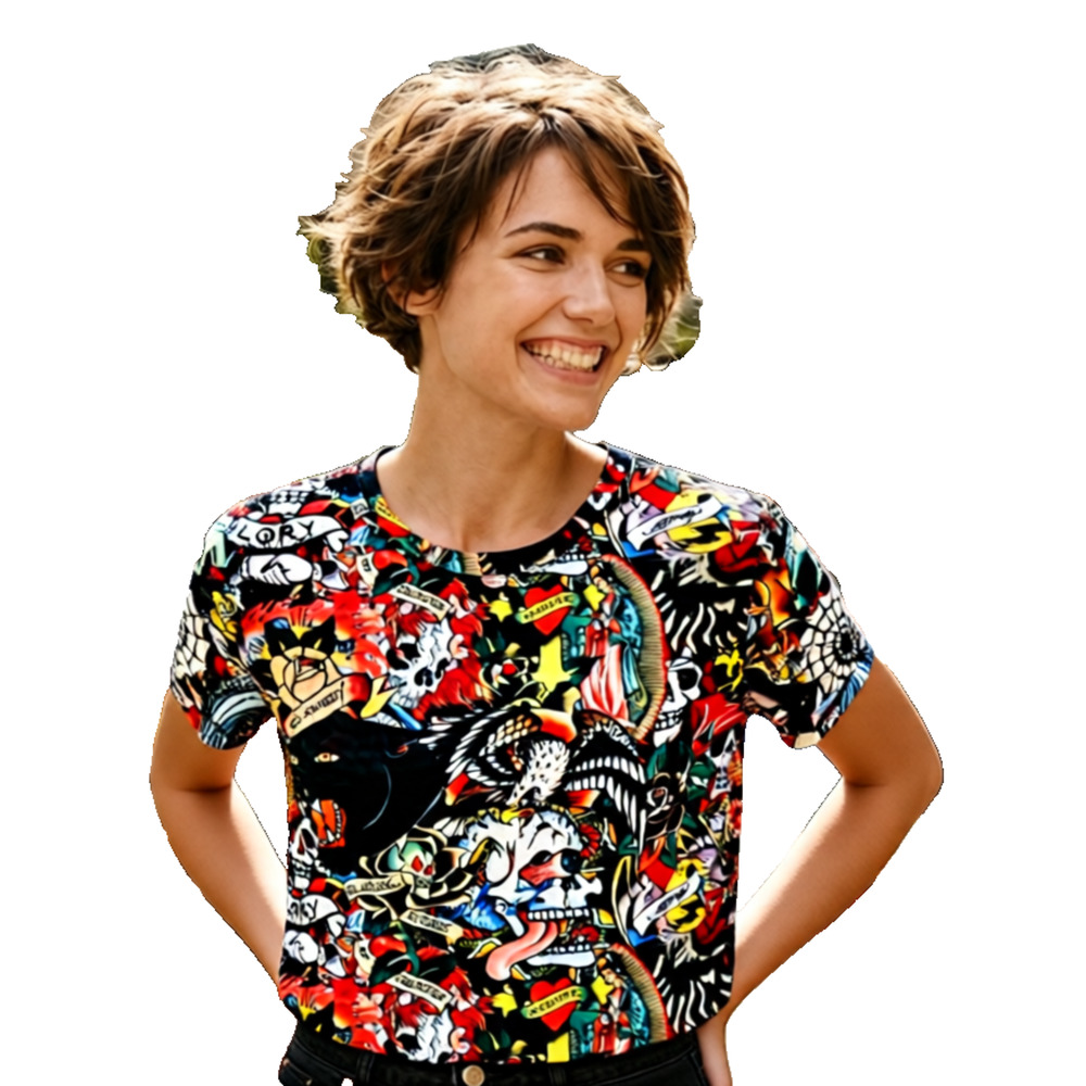 Vintage Ed Hardy Flash Mix Power Mesh Baby Tee with a sheer tattoo print L